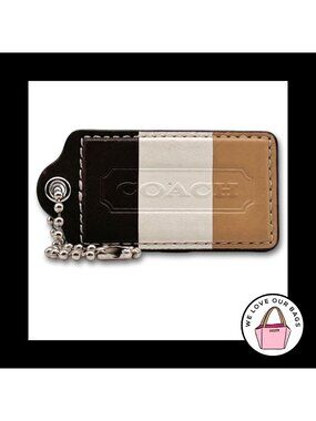 Rare 3" XL COACH STRIPE Brown White Leather Key Fob Bag Charm Keychain Hang Tag